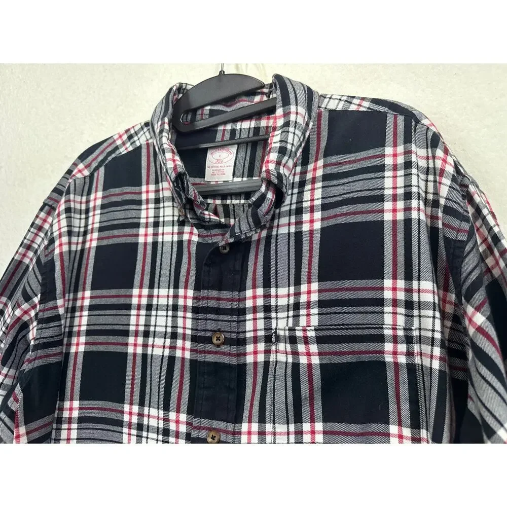 Brooks Brothers 346 L Plaid Button Down Men's Black White Red Cotton Flannel